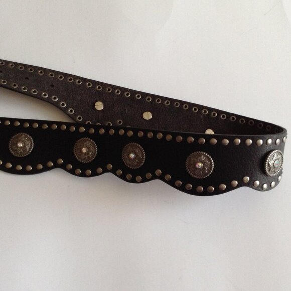 Black Studded Genuine Leather Scalloped Edge Belt Rhinestones Accessories - Picture 5 of 7